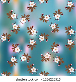 Triangular pattern of cherry blossoms on dark blue abstract background, geometric seamless pattern, vector