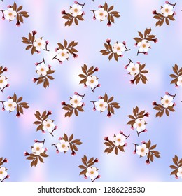 Triangular pattern of cherry blossoms on light blue sky abstract background, geometric  seamless texture, vector