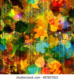 The triangular pattern, leaves and vertical lines. The fallen leaves. Autumn theme. Grunge template. Artistic seamless vector background for fabric, home design, printing, book covers, wrapping paper.