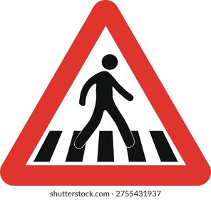 A triangular pedestrian crossing warning sign with a red border and black pictogram, designed to alert drivers of pedestrian zones and enhance road safety awareness.