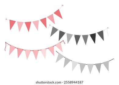 Triangular Pennant garlands on rope in grayscale and trendy monochrome pink. Set 4 design elements