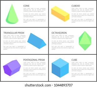 Triangular and pentagonal prisms, geometric set, vector illustration, cone and cuboid, cube and octahedron, geometric objects collection, text sample