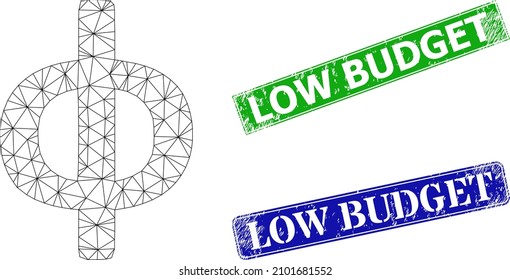 Triangular Phi Greek lowercase symbol image, and Low Budget blue and green rectangular textured seal prints. Mesh wireframe image based on Phi Greek lowercase symbol icon.