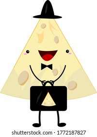 triangular piece of cheese business cartoon character laughs and holds in his hands a dark suitcase object on a white background concept of food and dairy products