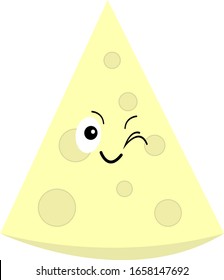 Triangular piece of cheese cartoon character with patterns of round holes object on a white background concept of food and dairy products.