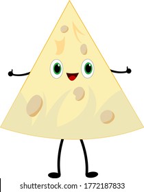 triangular piece of cheese a cartoon character with bright green eyes laughs and holds a thumbs up as a gesture of approval of an object on a white background concept of food and dairy products