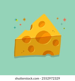 Triangular piece of cheese, dairy product. Cheese with holes isolated. Delicious and organic meal. Dairy food product. Cheesy appetizer in colored flat vector illustration