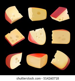 Triangular piece of cheese. Dairy products. Realistic vector illustration. Holes. Dutch. The Parmesan. Different types of cheese. Food. Gouda. Healthy food