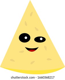 triangular piece of cheese Funny cartoon character with black eyes smiling on a white background concept of dairy products and food