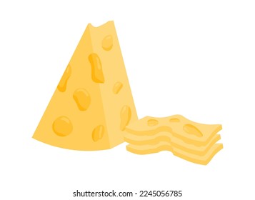Pieza triangular de queso con agujeros y rodajas cortadas. Productos lácteos. Diseño aislado de ilustración de vector