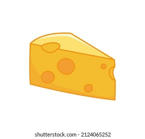 Triangular piece of cheese with holes. Dairy product vector illustration in cartoon childish style. Isolated funny clipart on white background. cute print
