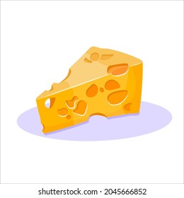 A triangular piece of cheese with holes. Isolated vector image of yellow cheese on white background