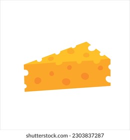 Triangular piece of cheese with holes. Swiss dairy product. Delicious flat style food. Organic meal isolated on white background