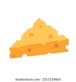 Triangular piece of cheese with holes. Swiss dairy product. Delicious flat style food. Organic meal isolated on white background