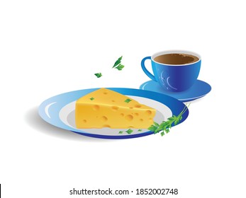 Pieza triangular de queso en un plato azul con hojas de perejil y una taza de café, ilustración vectorial realista.