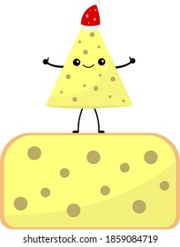 triangular piece of cheese with round holes and in a Santa hat holding a thumbs up as a gesture of approval while standing on a larger piece object on a white background concept of winter holidays and