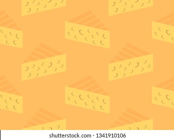 Triangular piece of cheese seamless pattern. Cheese slice with holes. Vector illustration
