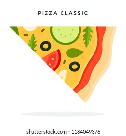 Triangular piece of classic pizza horizontally vector flat material design isolated on white