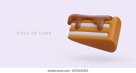 Triangular piece of cream cake with runny topping. Fresh sweet pastries with glaze. Advertising with 3D floating object. Color template for web design