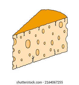 Triangular piece of fresh cheese with holes in the doodle style. Hand Drawn. Freehand drawing.