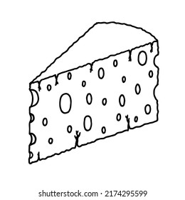 Triangular piece of fresh cheese with holes in the doodle style. Hand Drawn. Freehand drawing.	