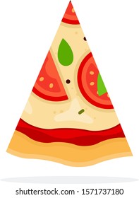 Triangular piece of Margherita Pizza with tomato, basil and cheese vertically flat single icon vector isolated on white