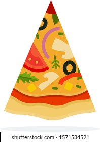 Triangular piece of Mexican Pizza with tomato, cheese, arugula, mushrooms, chilli and olives vertically flat single icon vector isolated on white