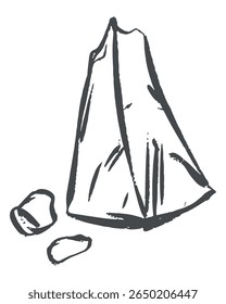Pedaço triangular de queijo parmesão isolado no fundo. Esboço de tinta vetorial. Queijo duro, ingrediente da cozinha italiana e francesa. Ilustração para embalagens de produtos agrícolas.