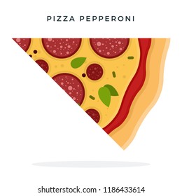 Triangular piece of pepperoni pizza horizontally vector flat material design isolated on white