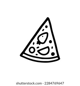 A triangular piece of pie. Isolated vector image. Sweet fruit and berry cake with strawberries. Drawing, icon from black lines.
