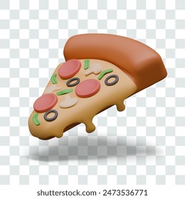 Triangular piece of pizza in 3D cartoon style. Creative image of popular fast food