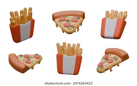 Triangular piece of pizza, French fries in paper package. Vector objects in different positions