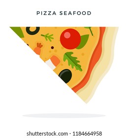 Triangular piece of pizza with seafood horizontally vector flat material design isolated on white