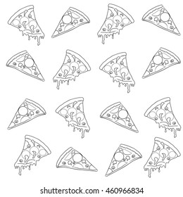 Triangular pieces of cheese pizza on a white background. Slice of pizza. Hand drawing. Vector illustration. Seamless pattern. Coloring book.