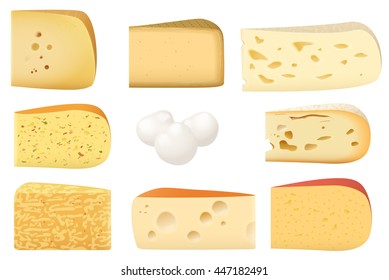Triangular pieces of different kind of Cheese set. Parmesan mozarella swiss emmentaler cheddar gouda collection
