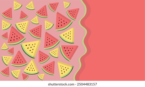 Triangular pieces of juicy watermelon with seeds, different varieties of watermelon with red and yellow pulp on a pink background. Place for text next to 2D flat lay pieces of watermelon