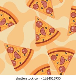 Triangular pieces of pizza with slices of tomatoes and sausage. Appetizing seamless pattern. Bright warm colors. Design for packaging or wrapping paper.
