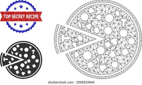 Triangular pizza with piece wireframe illustration, and bicolor unclean Top Secret Recipe seal stamp. Mesh wireframe illustration is created from pizza with piece pictogram.