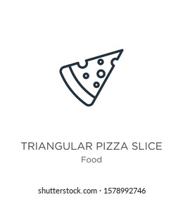 Triangular pizza slice icon. Thin linear triangular pizza slice outline icon isolated on white background from food collection. Line vector sign, symbol for web and mobile