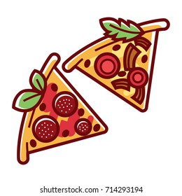 Triangular pizza slices with tasty salami, soft cheese and greenery