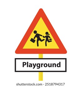 Sinal de aviso triangular de playground perto de uma escola