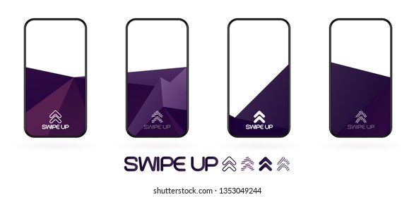 Triangular polygonal geometric abstract background with swipe up icon. Bright violet and dark  purple shapes. Smartphone frame template. Social media app UI