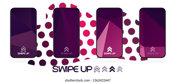 Triangular polygonal geometric abstract background with swipe up icon. Bright violet and dark  purple shapes. Smartphone frame template. Social media app UI