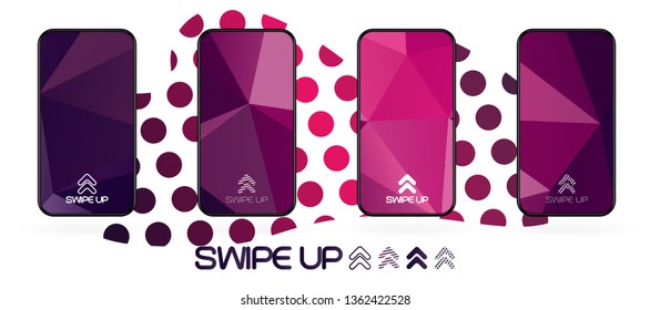 Triangular polygonal geometric abstract background with swipe up icon. Bright violet and dark  purple shapes. Smartphone frame template. Social media app UI