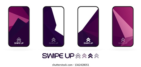 Triangular polygonal geometric abstract background with swipe up icon. Bright violet and dark  purple shapes. Smartphone frame template. Social media app UI
