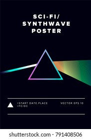 Triangular Prism breaks white light ray into rainbow spectral colors. Poster, vector illustration. Synthwave/ retrowave style.