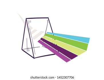 Triangular prism dispersing light beam or rainbow. Hand drawn optics laboratory equipment or optical lab tool for scientific experiment. Realistic vector illustration in elegant vintage style.