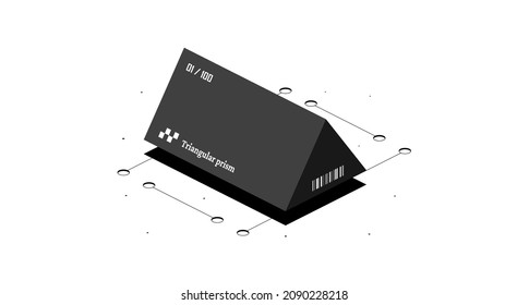 Triangular prism mathematical figure. Black and white isometric 3d illustration isolated on white background.