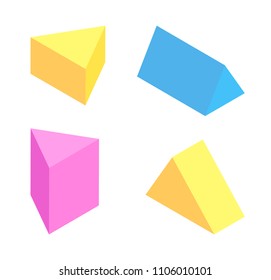 Triangular prisms collection, colorful figures set vector illustration isolated on bright background shapes with square and rectangular sides elements
