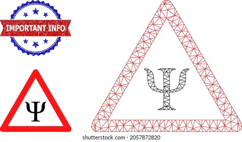 Triangular psychology danger model icon, and bicolor scratched Important Info seal stamp. Mesh carcass illustration is designed with psychology danger pictogram.